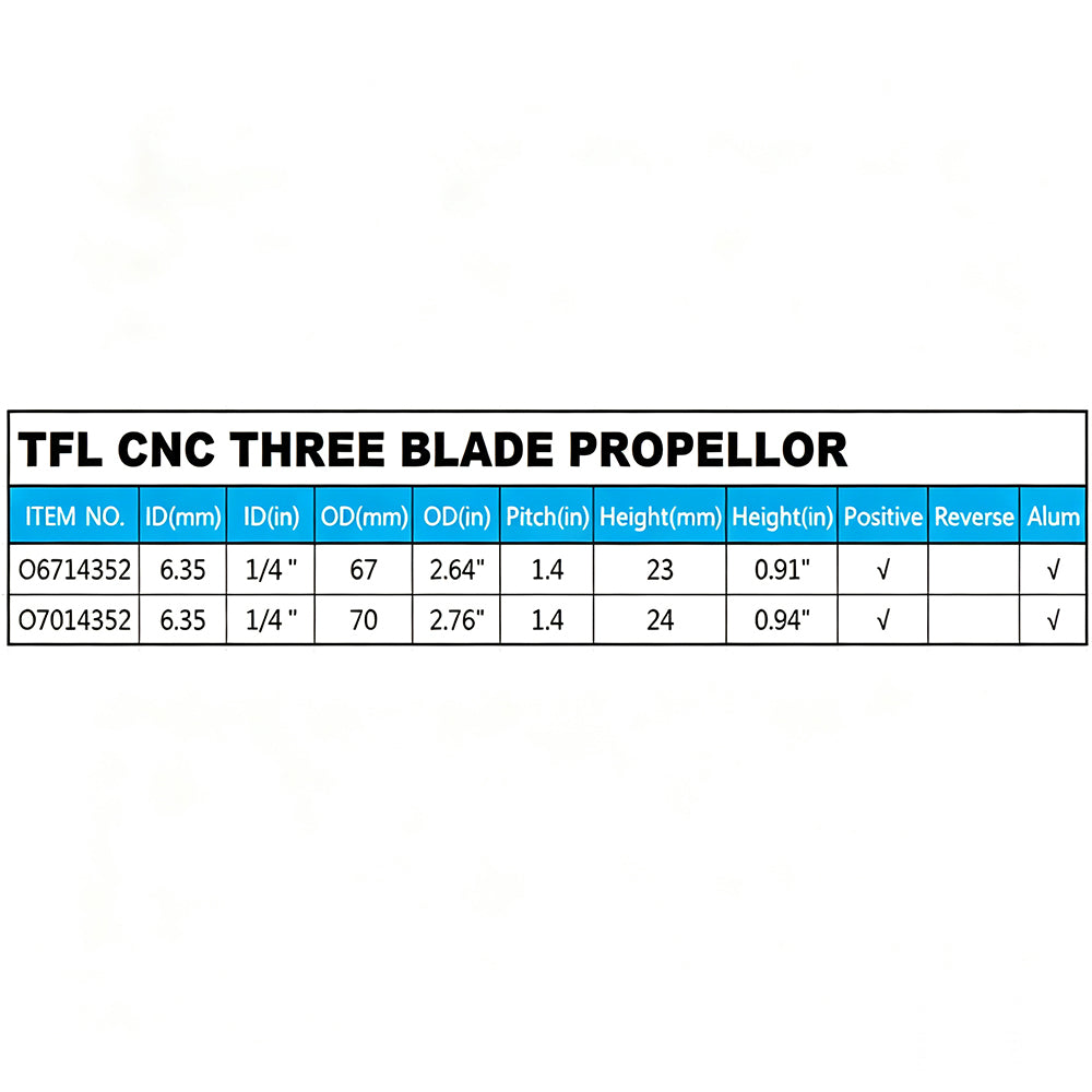 TFL RC Boat CNC Aluminum Three Blades Propeller 1.4 Pitch, 6.35mm shaft，Diameter 67/70mm