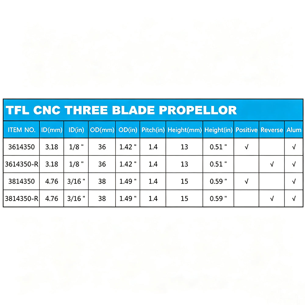 TFL RC Boat CNC  Aluminum Three Blades Propeller 1.4 Pitch, 3.17/4.76mm shaft，Diameter 36/38mm