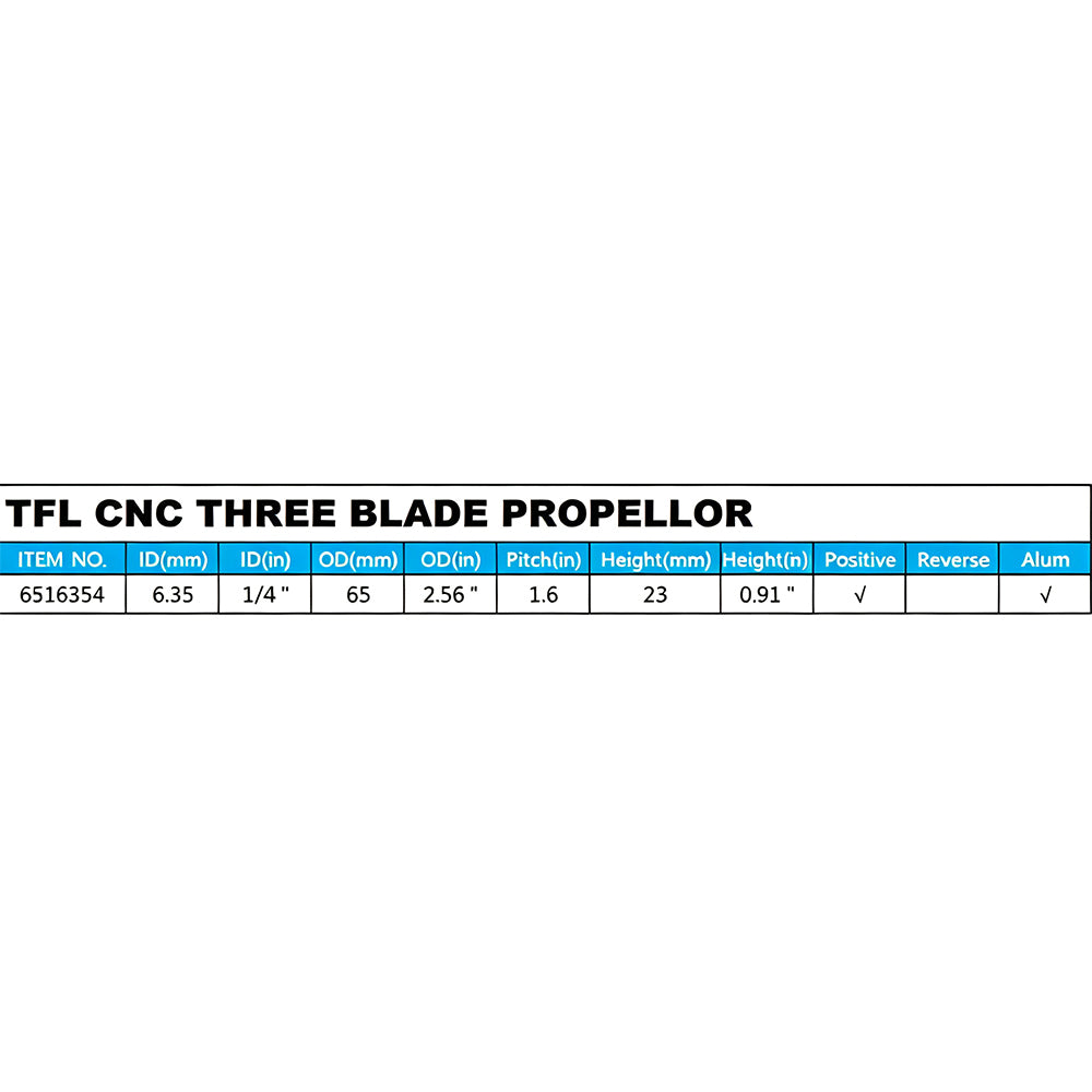 TFL RC  Boat CNC Aluminum Three Blades Propeller 1.6 Pitch, 6.35mm shaft，Diameter 65mm