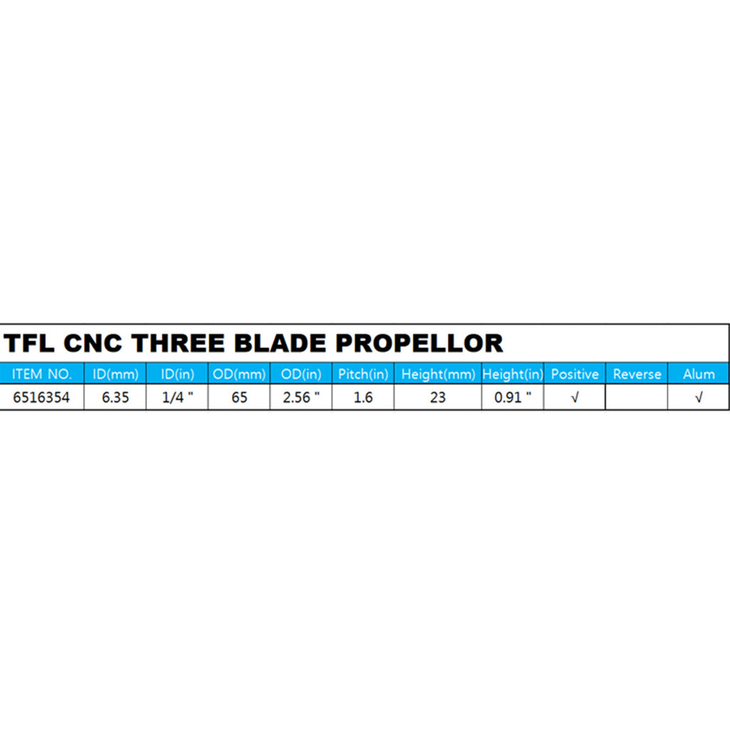 TFL RC  Boat CNC Aluminum Three Blades Propeller 1.6 Pitch, 6.35mm shaft，Diameter 65mm