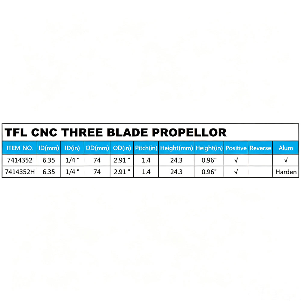 TFL RC Boat CNC Aluminum Three Blades Propeller 1.4 Pitch, 6.35mm shaft，Diameter 74mm